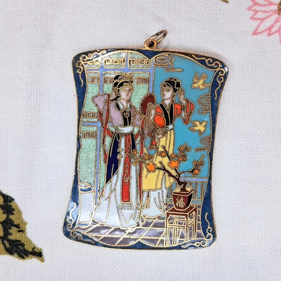 Vintage Cloisonne Pendant For Necklace Asian Scene Enamel - Picture 8 of 9